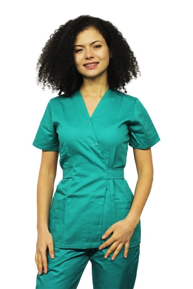 Kirurška zelena kimono medicinska halja z dvema žepoma