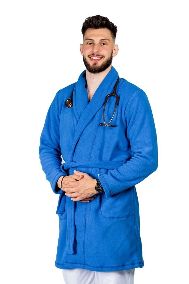 Moško temno modro ogrinjalo iz flisa z dvema žepoma in vrvico 