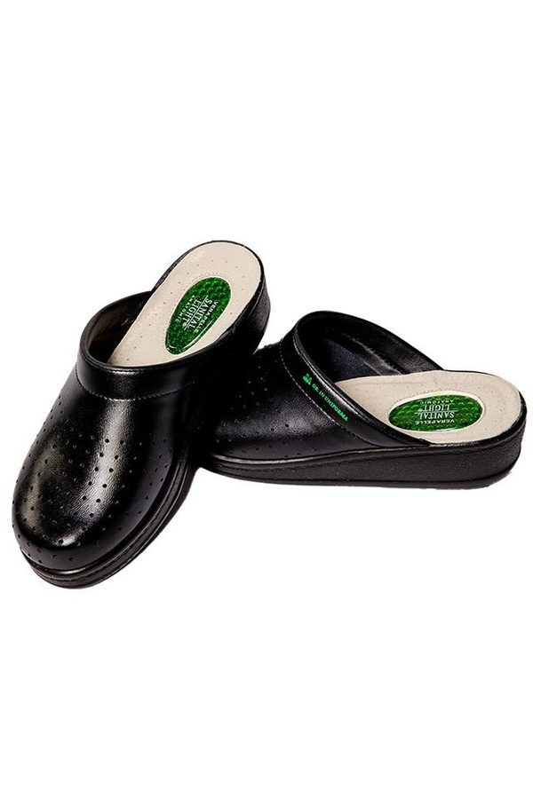 Črne medicinske cokle Zdravnik v uniformi iz usnja in gel podplata